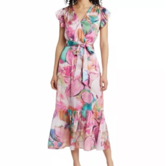 Sam Edelman Women’s Colorburst Leaf Print Faux Wrap Midi Dress - Picture 3 of 10